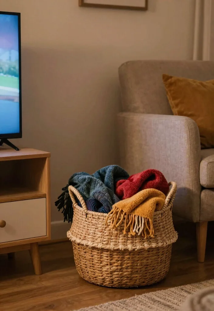 10 Cozy Small TV Room Ideas for Relaxed Nights 9. Incorporate a Throw Blanket Station 0