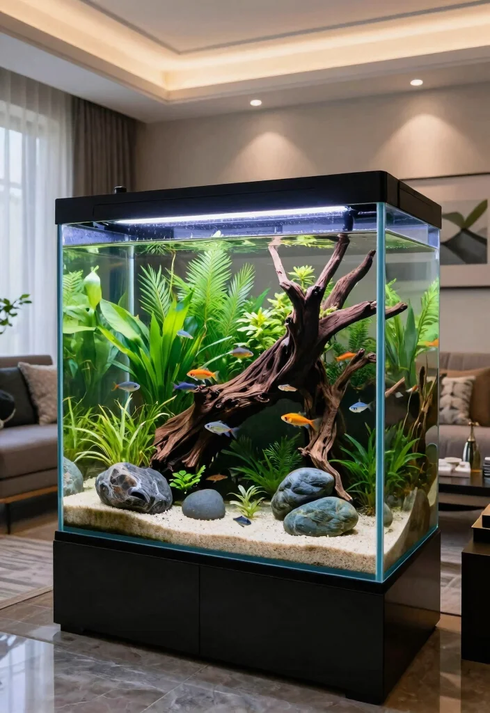 10 Living Room Aquarium Ideas for a Calm Focal Point 5. Aquascaped Feature Tanks 0