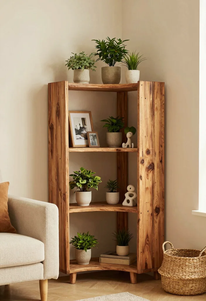 10 Living Room Corner Shelf Ideas for Display and Storage 1. Rustic Wooden Corner Shelf 0