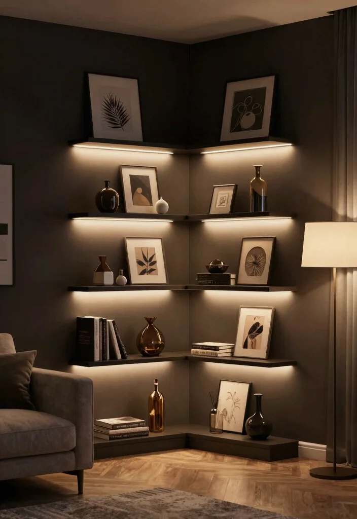 10 Living Room Corner Shelf Ideas for Display and Storage 10. Corner Shelves with Built in Lighting 0