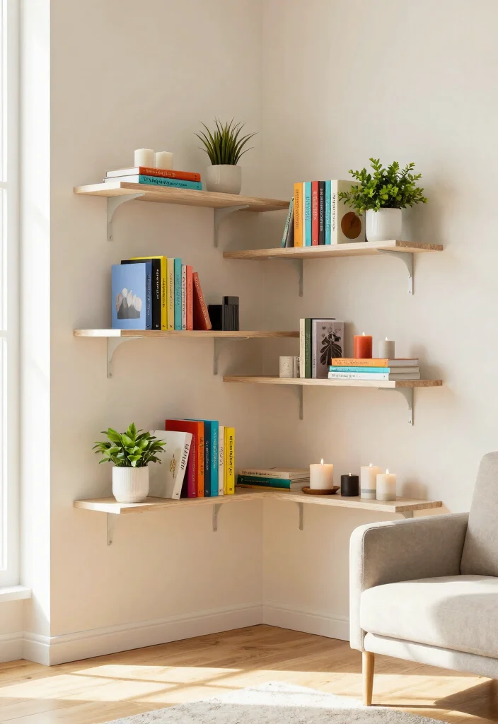 10 Living Room Corner Shelf Ideas for Display and Storage 2. Floating Corner Shelves 0