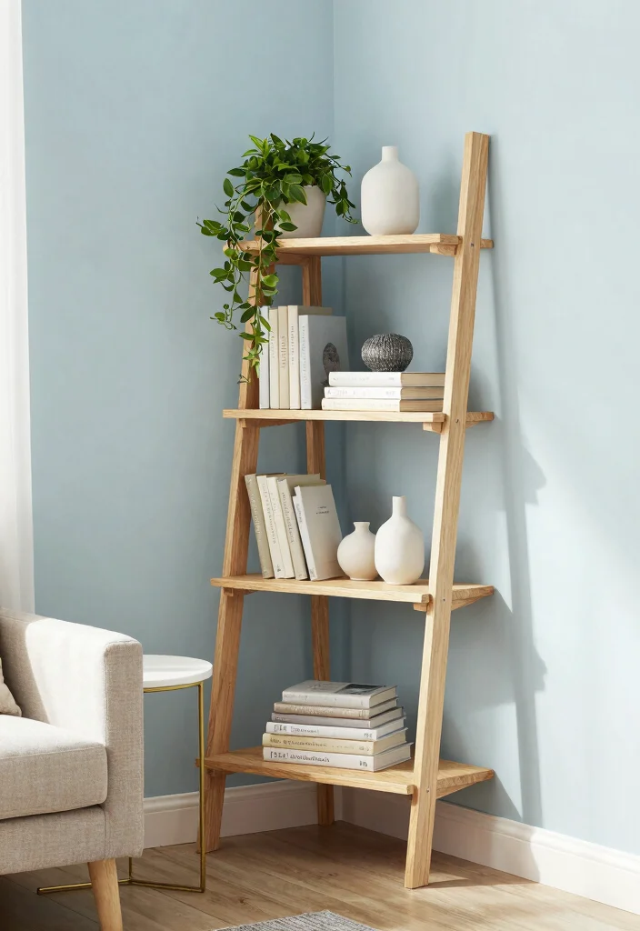 10 Living Room Corner Shelf Ideas for Display and Storage 4. Ladder Style Corner Shelf 0