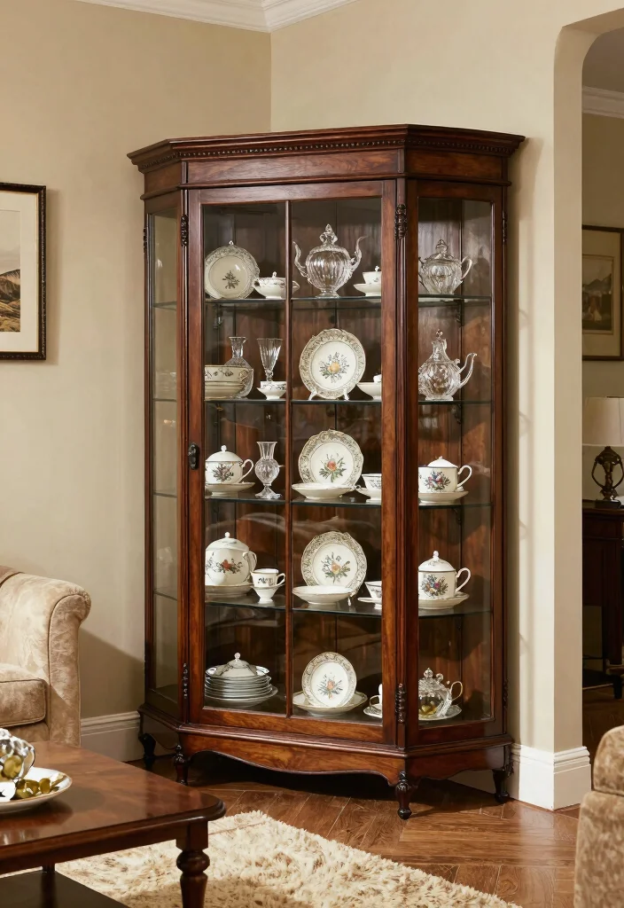 10 Living Room Corner Shelf Ideas for Display and Storage 6. Vintage Corner Display Cabinets 0
