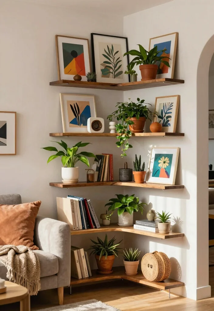 10 Living Room Corner Shelf Ideas for Display and Storage 9. Artistic Corner Shelf Arrangements 0