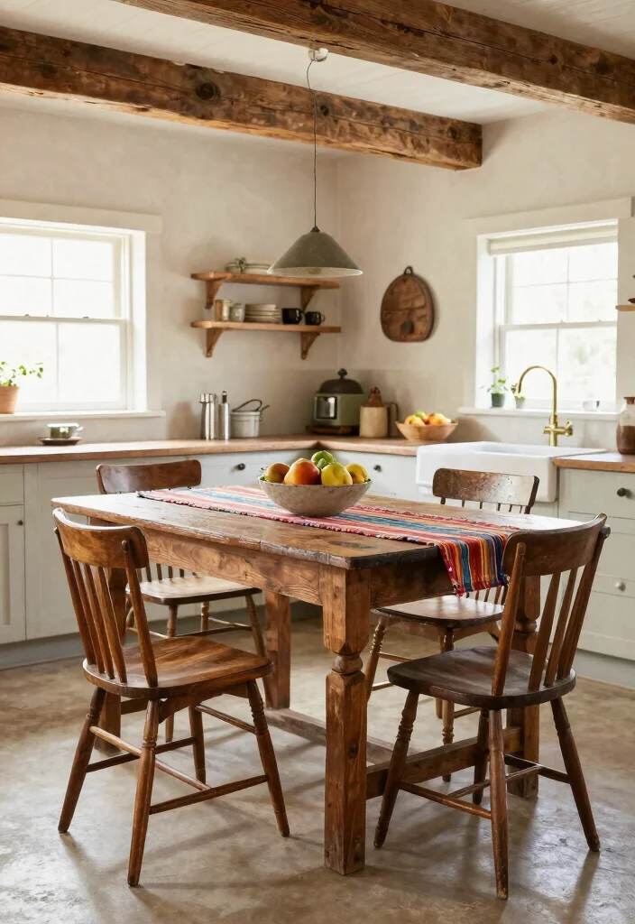 10 Small Space Kitchen Table Ideas That Fit Well 6. Vintage Farm Table 0