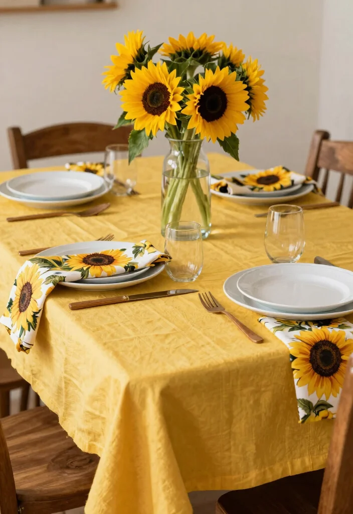 10 Sunflower Kitchen Decor Ideas for Cheerful Color 2. Sunflower Table Linens 0