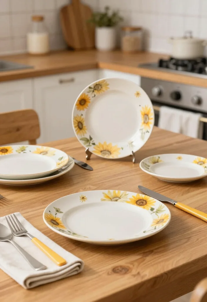 10 Sunflower Kitchen Decor Ideas for Cheerful Color 5. Sunflower Pottery and Dishware 0