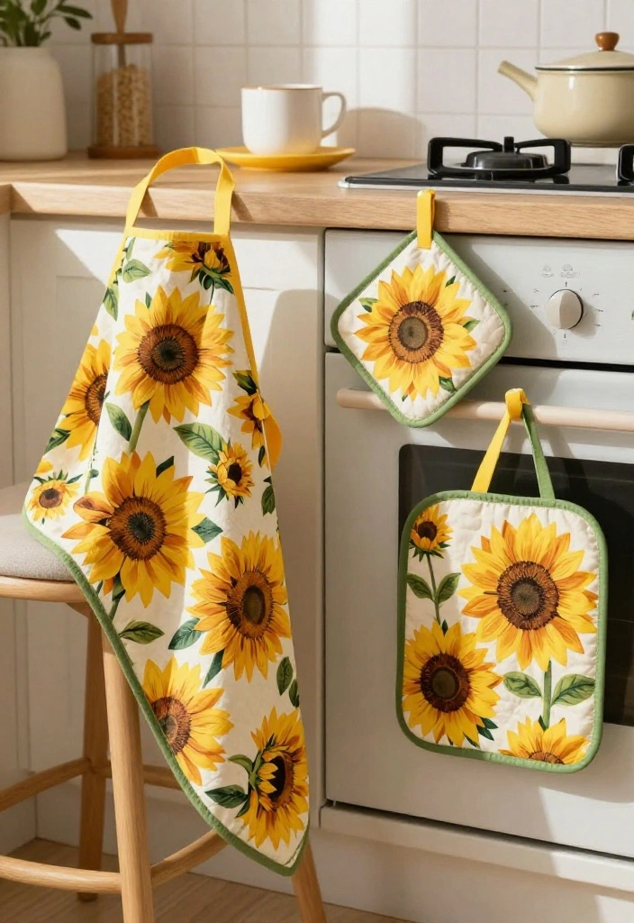 10 Sunflower Kitchen Decor Ideas for Cheerful Color 8. Sunflower Themed Pot Holders and Aprons 0
