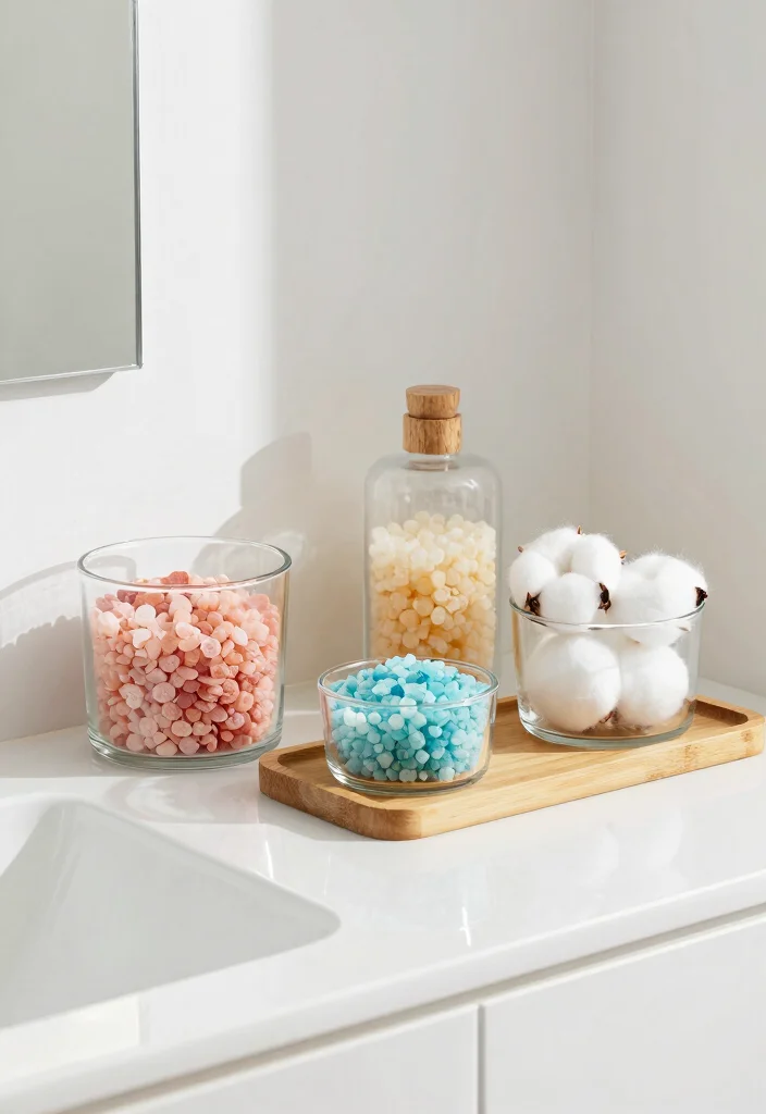 12 Bathroom Counter Ideas for Practical Everyday Styling 2. Stylish Glass Containers 0