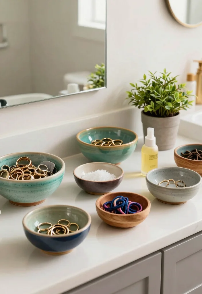 12 Bathroom Counter Ideas for Practical Everyday Styling 3. Upcycled Decorative Bowls 0