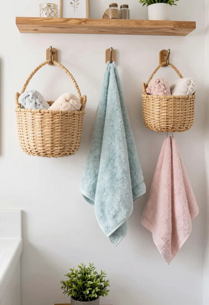12 Bathroom Wall Storage Ideas to Keep Counters Clear 2. Woven Baskets for Towel Storage 0