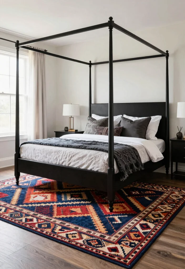 12 Black Canopy Bedroom Ideas with Dramatic Elegance 10. Statement Rugs 0