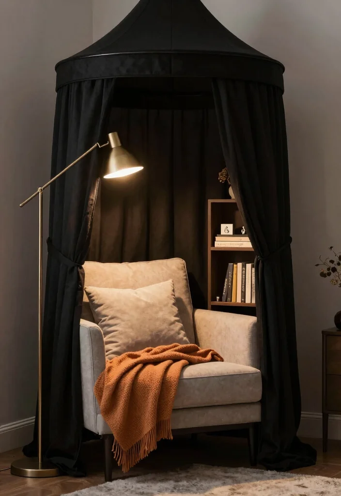 12 Black Canopy Bedroom Ideas with Dramatic Elegance 12. Creating a Cozy Reading Nook 0
