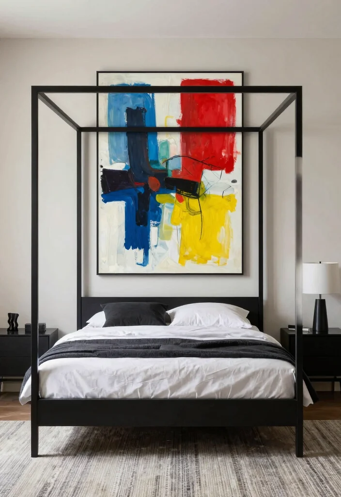12 Black Canopy Bedroom Ideas with Dramatic Elegance 2. Bold Wall Art 0