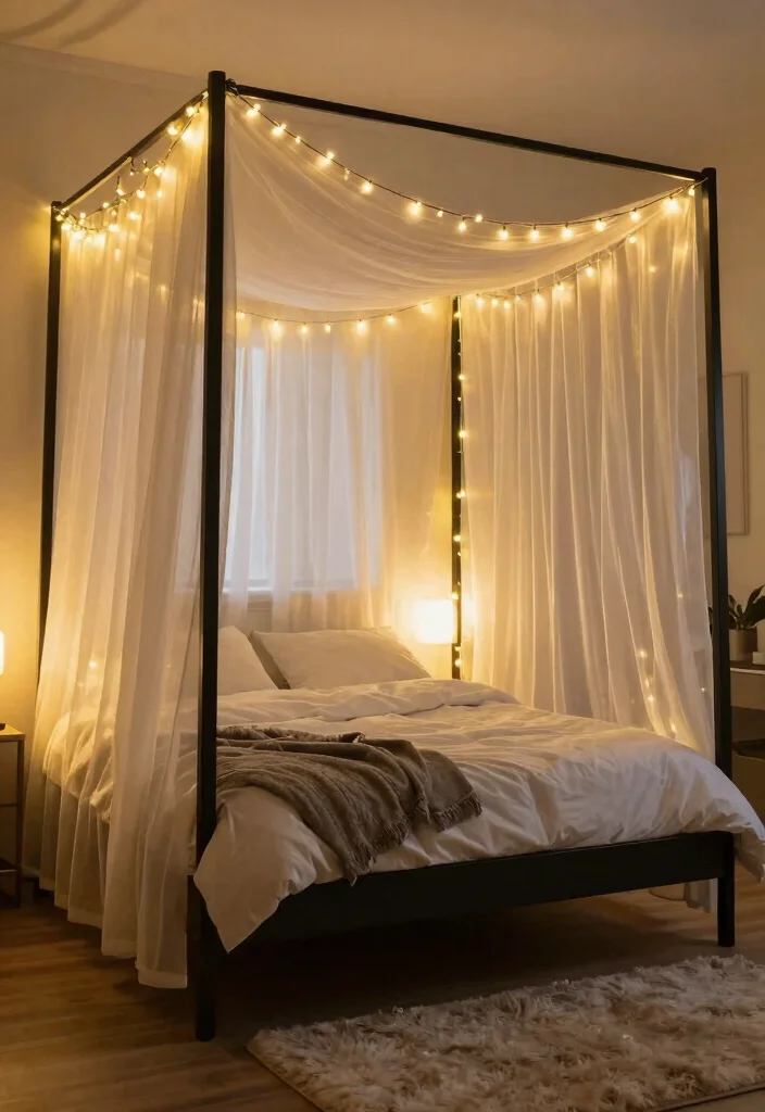 12 Black Canopy Bedroom Ideas with Dramatic Elegance 4. Romantic Fairy Lights 0