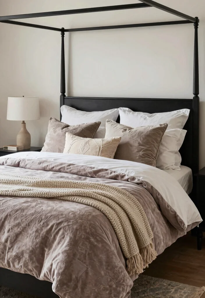 12 Black Canopy Bedroom Ideas with Dramatic Elegance 7. Textured Bedding Layers 0