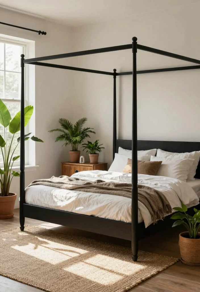 12 Black Canopy Bedroom Ideas with Dramatic Elegance 8. Incorporating Natural Elements 0