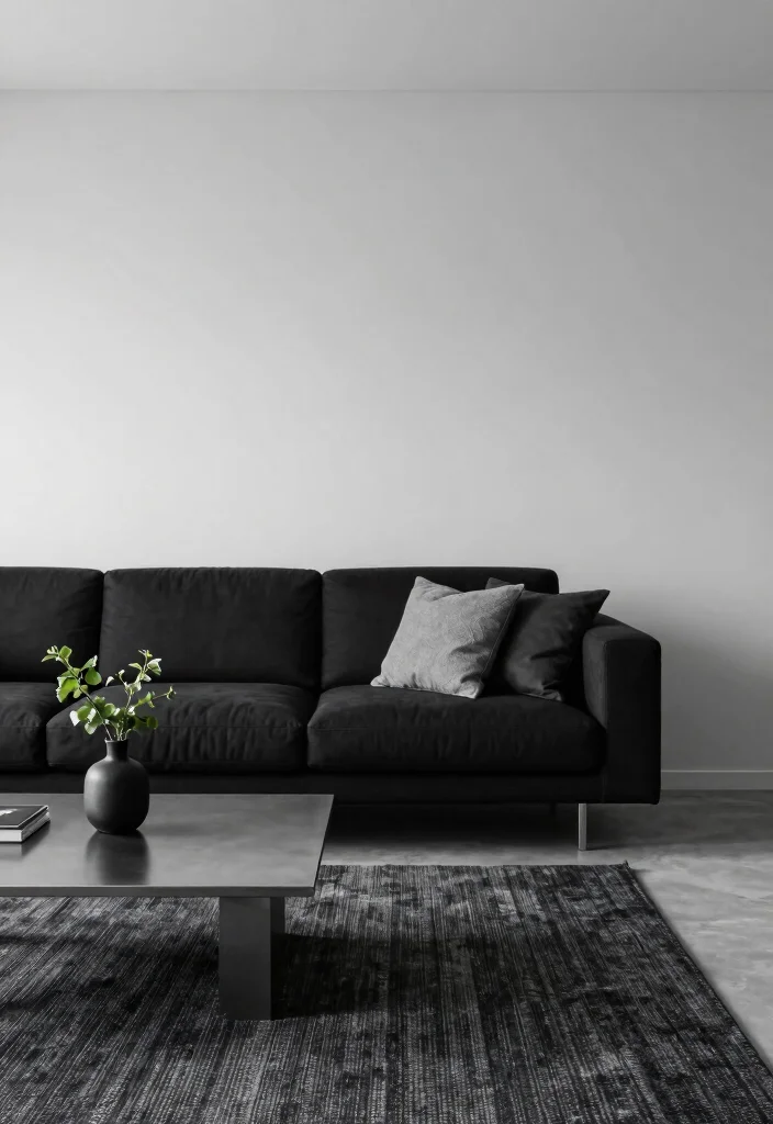 12 Black and Grey Living Room Ideas with Modern Mood 1. Monochrome Minimalism 0