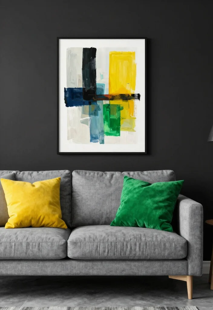 12 Black and Grey Living Room Ideas with Modern Mood 11. Contrast with Bright Accents 0