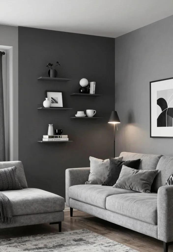 12 Black and Grey Living Room Ideas with Modern Mood 2. Bold Accent Walls 0