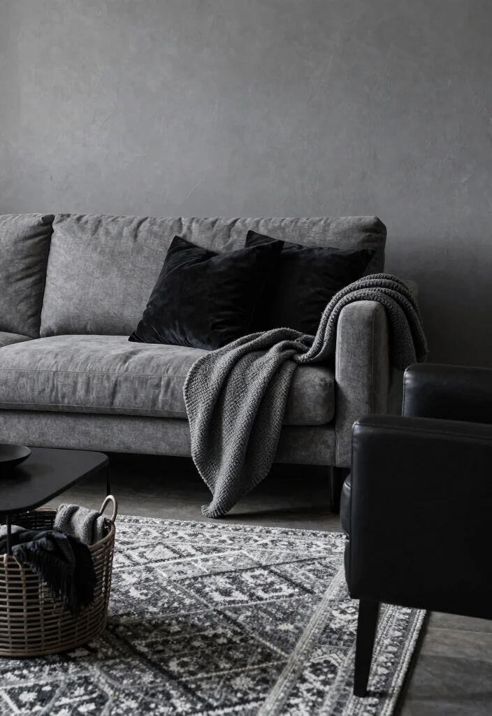 12 Black and Grey Living Room Ideas with Modern Mood 3. Layering Textures 0