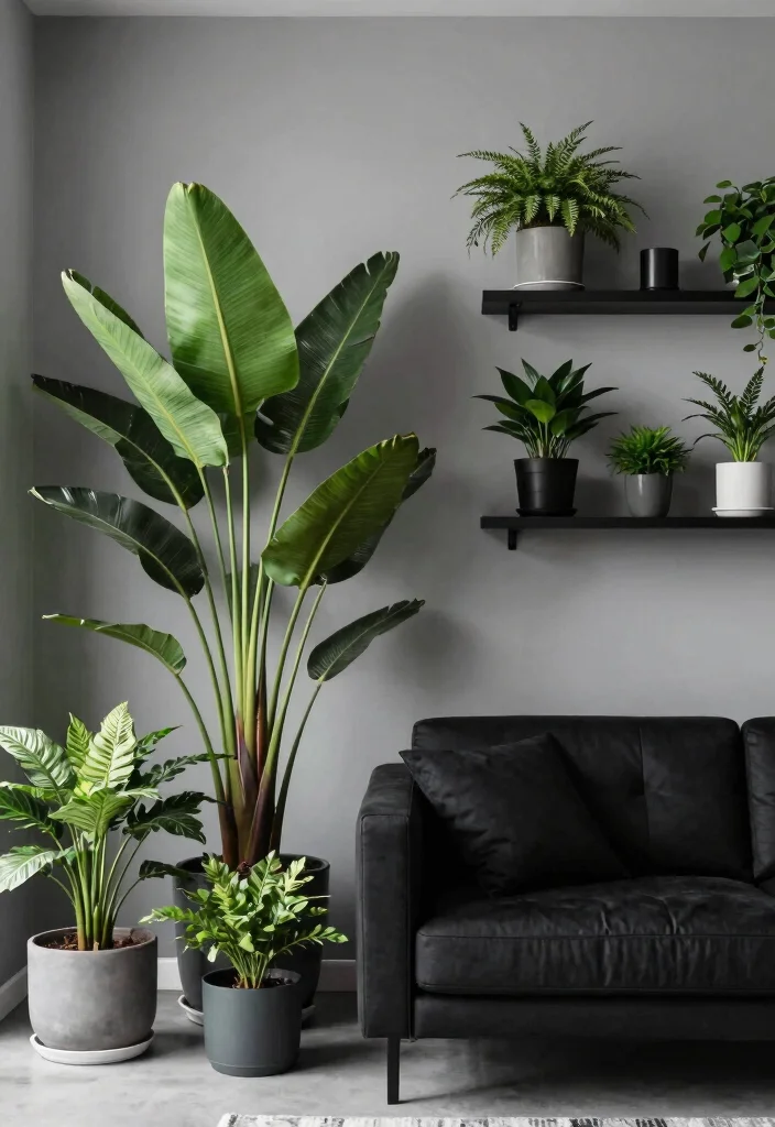12 Black and Grey Living Room Ideas with Modern Mood 6. Incorporating Greenery 0