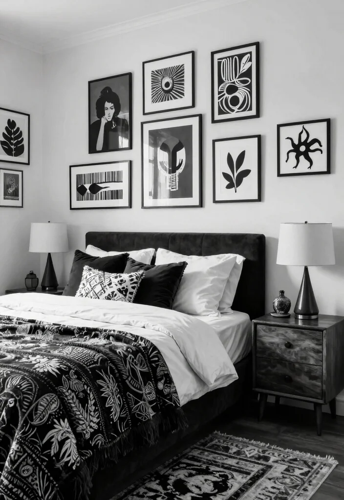 12 Black and White Bedroom Ideas with Clean Contrast 11. Eclectic Mix 0