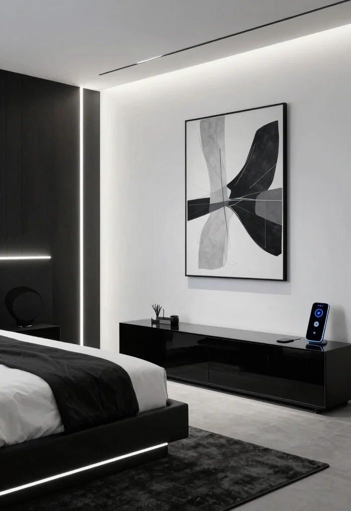 12 Black and White Bedroom Ideas with Clean Contrast 12. Futuristic Edge 0