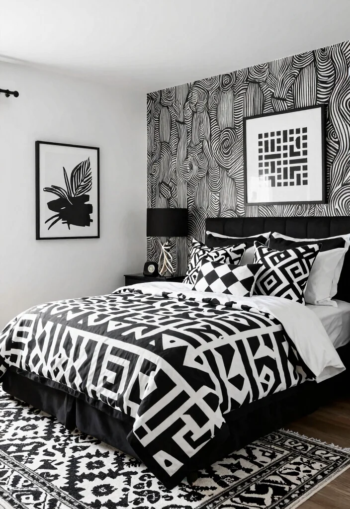 12 Black and White Bedroom Ideas with Clean Contrast 4. Bold Patterns 0