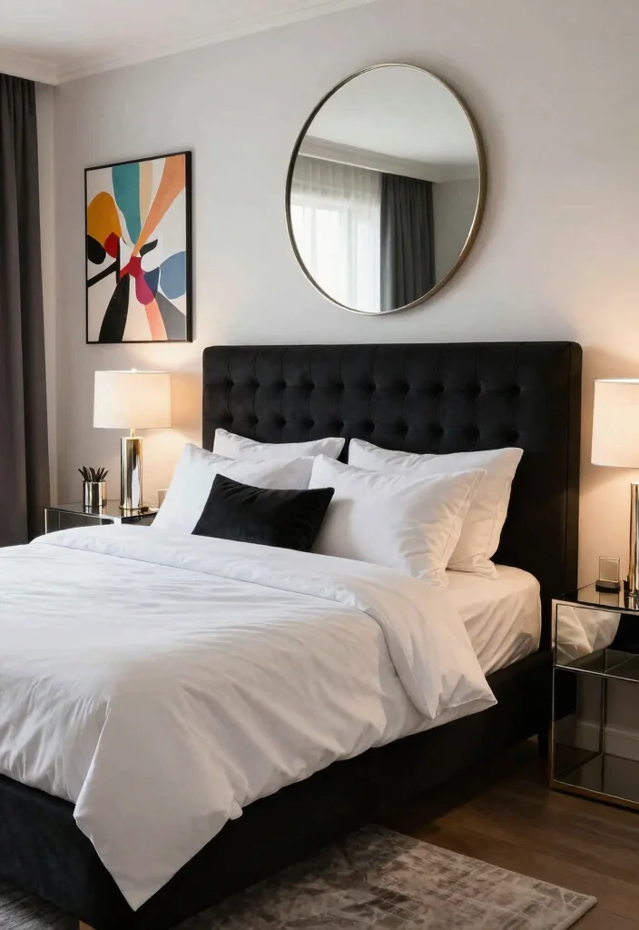 12 Black and White Bedroom Ideas with Clean Contrast 5. Modern Glam 0