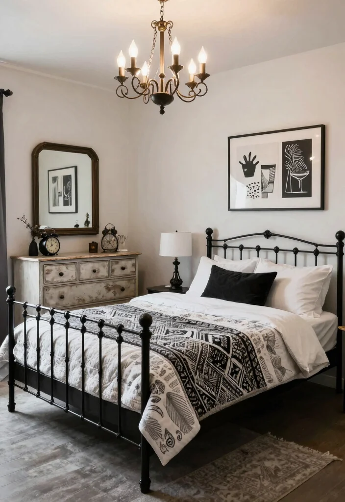 12 Black and White Bedroom Ideas with Clean Contrast 6. Vintage Charm 0