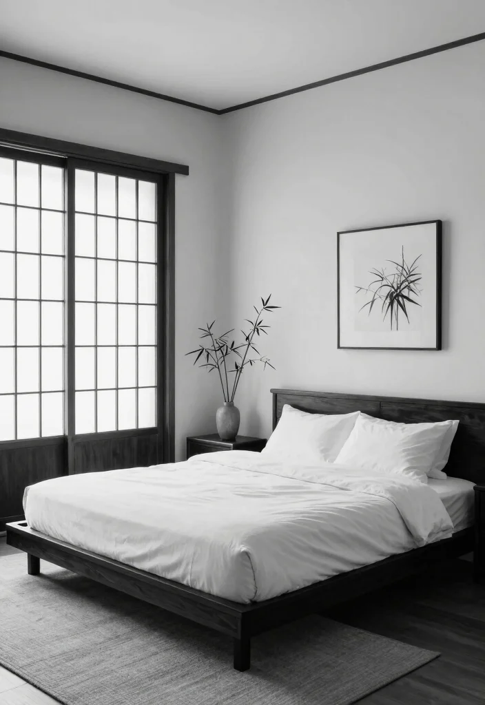 12 Black and White Bedroom Ideas with Clean Contrast 7. Japanese Zen 0