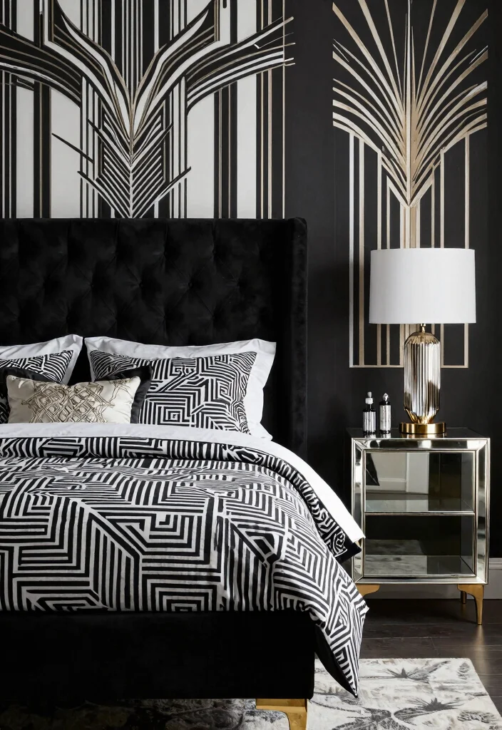 12 Black and White Bedroom Ideas with Clean Contrast 8. Art Deco Elegance 0