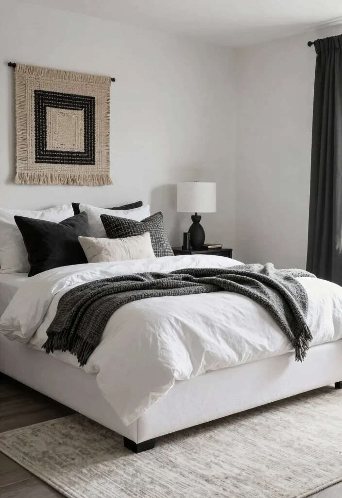12 Black and White Bedroom Ideas with Clean Contrast 9. Cozy Layering 0