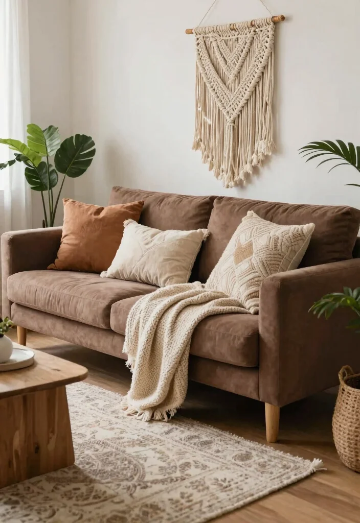 12 Brown Couch Living Room Ideas for Warm Balance 1. Layered Textiles for Comfort 0