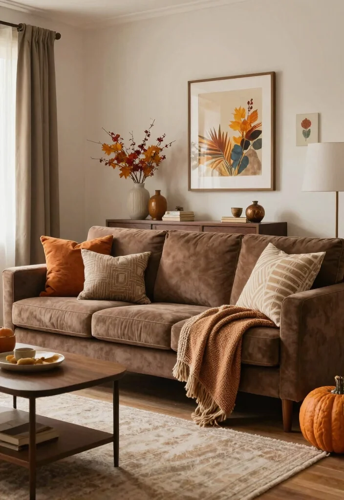 12 Brown Couch Living Room Ideas for Warm Balance 11. Seasonal Decor 0