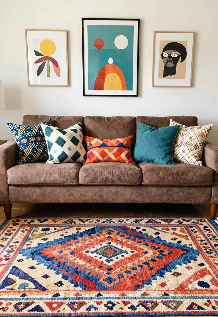 12 Brown Couch Living Room Ideas for Warm Balance 4. Playful Patterns 0