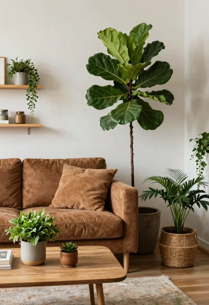 12 Brown Couch Living Room Ideas for Warm Balance 5. Greenery and Natural Elements 0