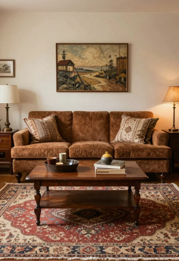 12 Brown Couch Living Room Ideas for Warm Balance 9. Vintage Finds 0