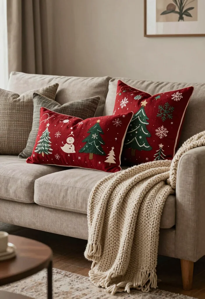 12 Christmas Living Room Decor Ideas for Festive Style 3. Eco Friendly Pillows and Throws 0