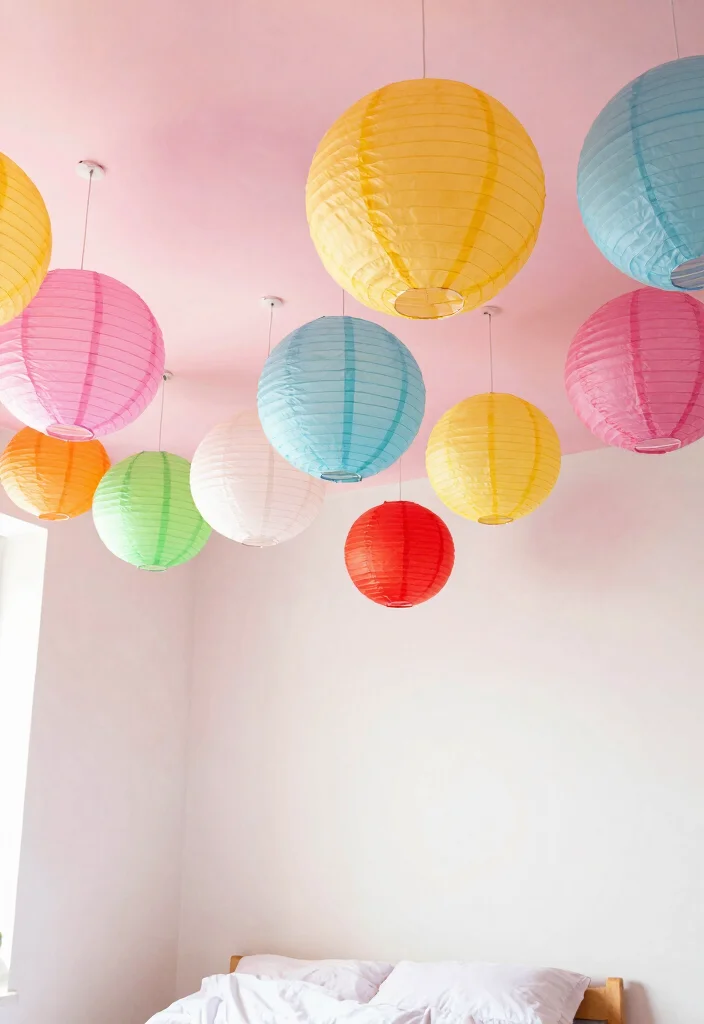 12 Colorful Bedroom Ideas with Playful Modern Style 12. Vibrant Ceiling Decor 0