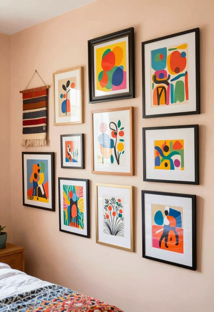 12 Colorful Bedroom Ideas with Playful Modern Style 4. Creative Wall Art 0