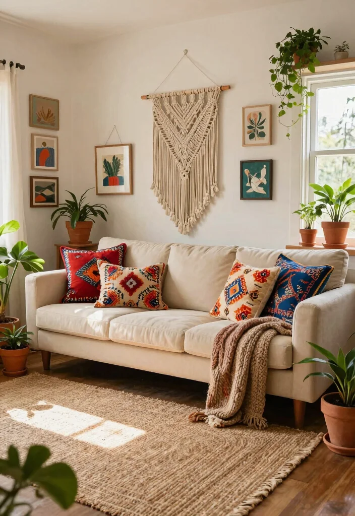 12 Cream Sofa Living Room Ideas for Soft Neutral Style 2. Bohemian Vibes 0