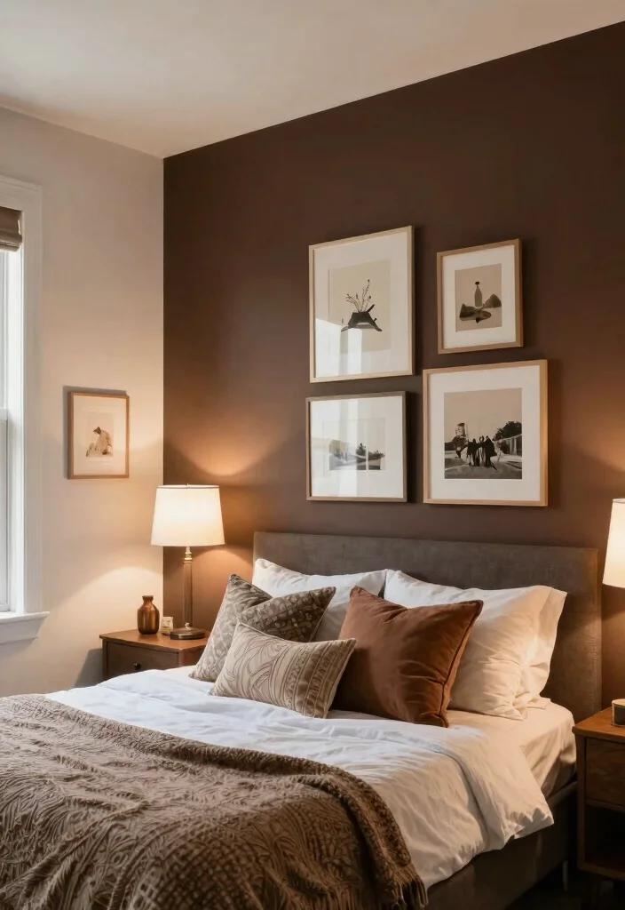 12 Dark Brown Bedroom Ideas with Warm Depth 5. Dark Brown Accent Wall 0