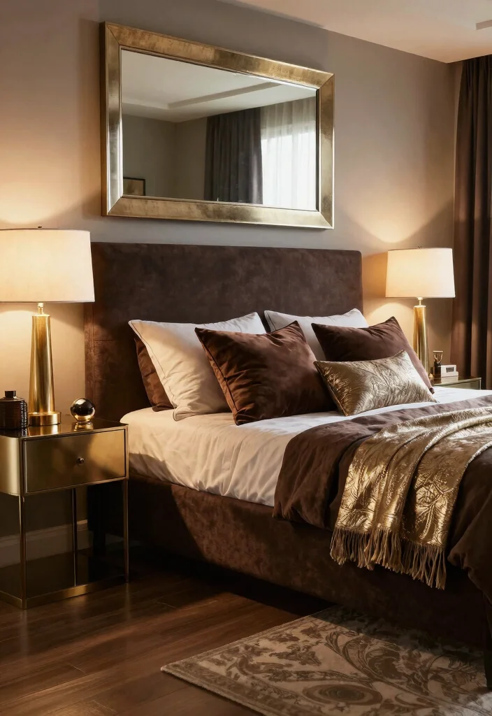 12 Dark Brown Bedroom Ideas with Warm Depth 7. Dark Brown and Metallic Accents 0