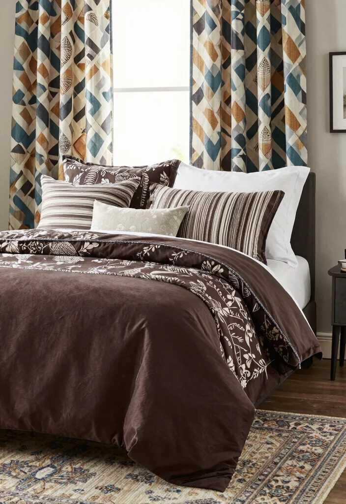 12 Dark Brown Bedroom Ideas with Warm Depth 8. Mixing Patterns 0
