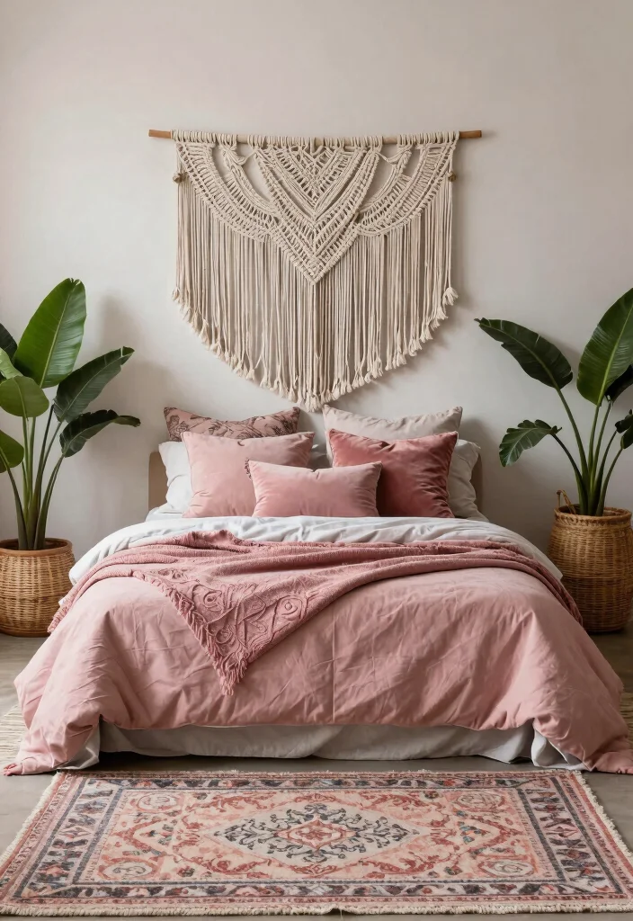 12 Dusty Rose Bedroom Ideas with Soft Romantic Tone 1. Bohemian Bliss with Dusty Rose Textiles 0