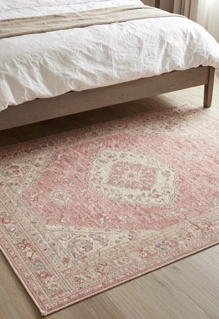 12 Dusty Rose Bedroom Ideas with Soft Romantic Tone 10. Layering Rugs for Cozy Texture 0