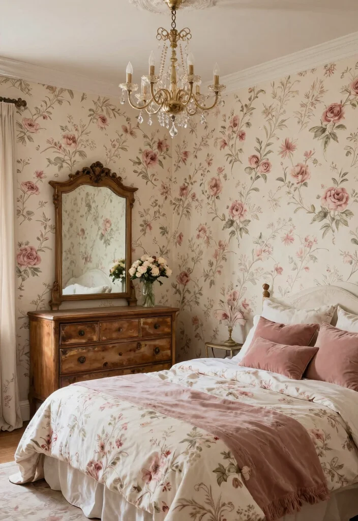 12 Dusty Rose Bedroom Ideas with Soft Romantic Tone 2. Vintage Floral Decor for Romantic Touch 0
