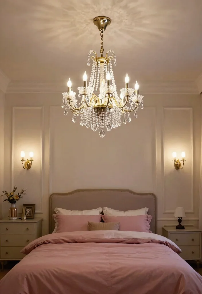 12 Dusty Rose Bedroom Ideas with Soft Romantic Tone 4. Elegant Chandeliers to Set the Mood 0